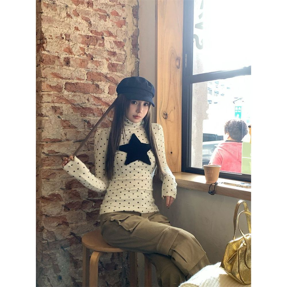 Milyfashion Áo sơ mi chấm bi vai dài tay thuôn, thiết kế slim-fit cổ cao, phù hợp xu hướng thời trang Y2K và phong cách ballet