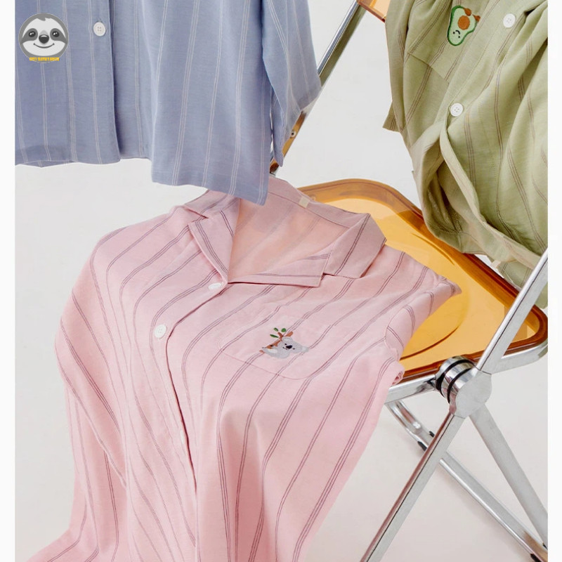 Phong cách Nhật Bản Muji Style / Quần yếm Cotton nguyên chất sợi đôi cho bé trai bé gái / Quần dài tay sọc trẻ em Bộ đồ ngủ thân thiện với da / Mềm mại thoải mái thoáng khí cho cha mẹ và con cái