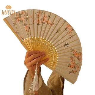 [WUSISI] Quạt Gấp Tay Di Động Phong Cách Trung Hoa Mới Đạo Cụ Khiêu Vũ Retro Quạt Nam Nữ Gỗ Tre Lụa Hoa Gấp Quạt MỚI
