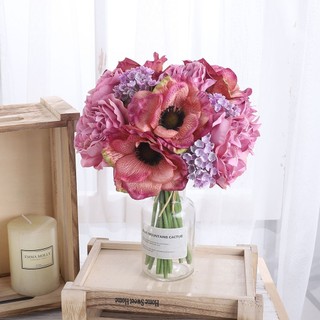 Hoa Giả Anh Túc Mẫu Đơn Lụa Cao Cấp Trang Trí Nhà Cửa Đẹp Bó Silver Anemone Peony Silk Flowers Artificial Bouquet Wedding Photography Props Fake Plants Floral Arrangement Vintage Aesthetic Room Decoration Gift Nordic Style DIY Hand Tied Realistic Petals