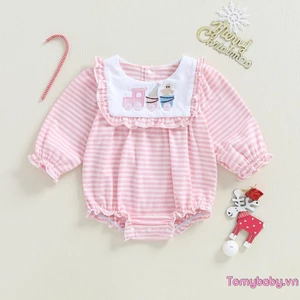 Bé Gái Giáng Sinh Sọc Áo Liền Quần Train Gừng Cây Thêu Ruffle Tay Dài Body