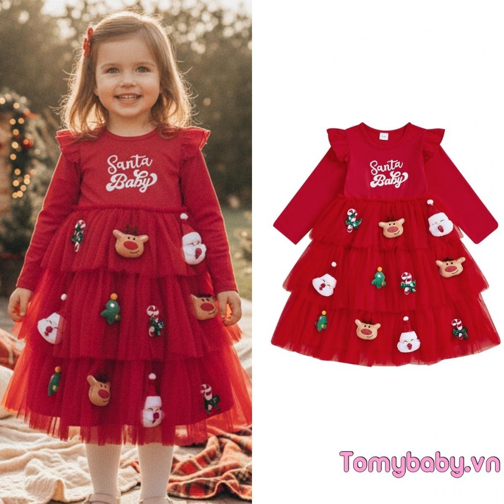 Trẻ Em Bé Gái Giáng Sinh Một Dòng Đầm Ông Già Noel Hươu Trang Trí Cổ Tròn Tay Dài Tuyn Chắp Vá Bánh Váy