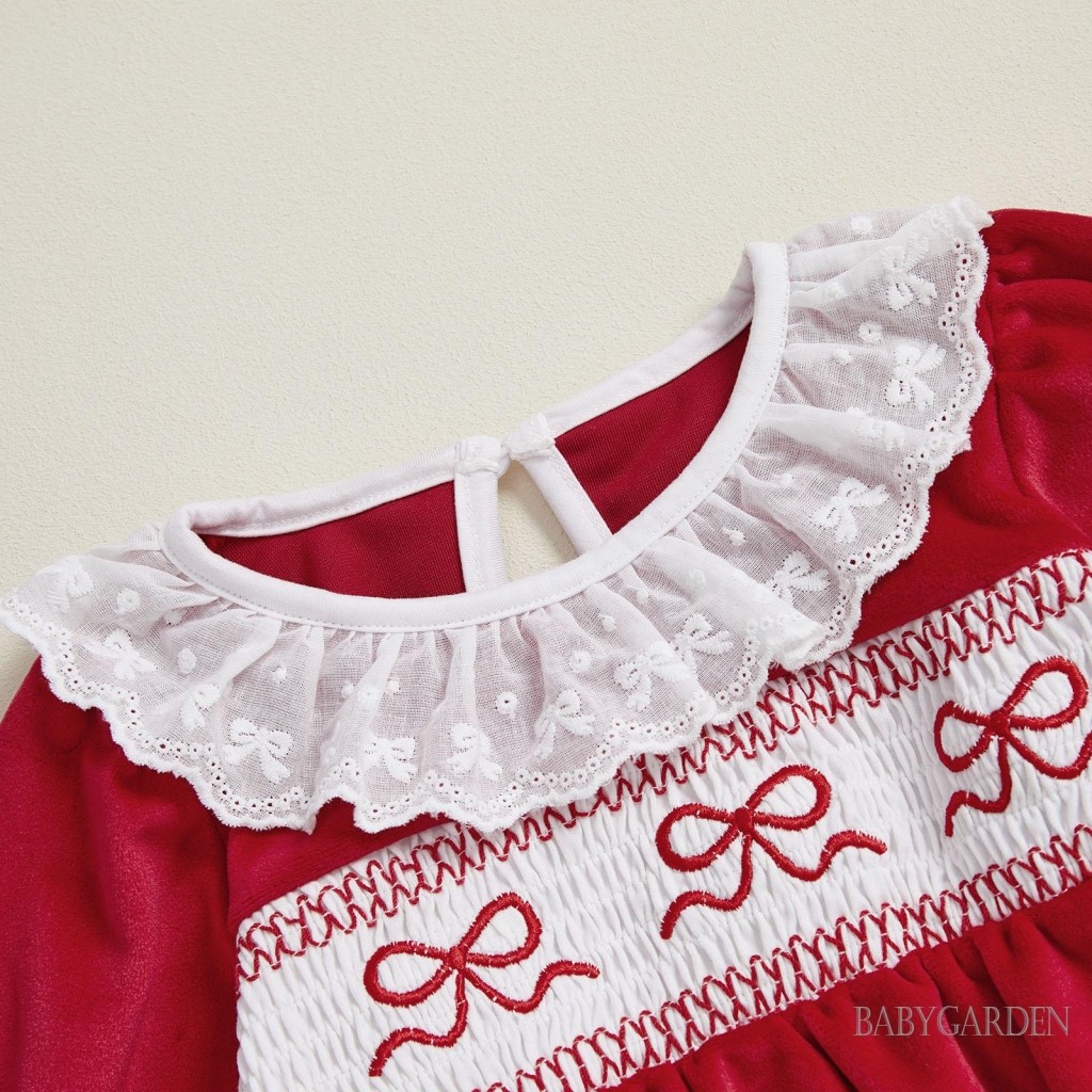 Giáng Sinh Năm Mới Bé Gái Bong Bóng Áo Liền Quần Thời Trang Ruffle Nơ Thêu Tay Dài Smock Jumpsuit Cho Giáng Sinh Năm Mới