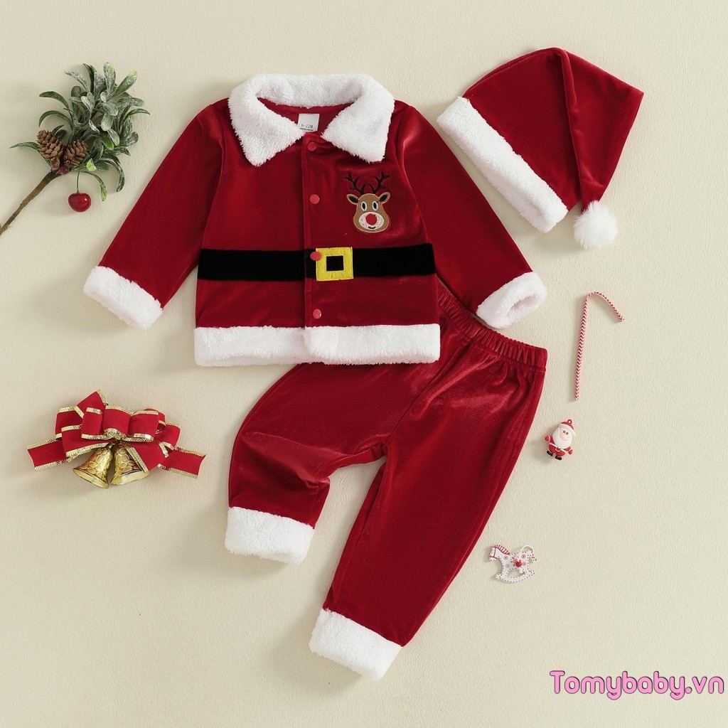 Bộ Trang Phục Giáng Sinh Cho Bé Gái Bé Trai Dài Tay Ve Áo Nút Xuống Áo + Quần Eo Co Giãn Ông Già Noel Trang Phục