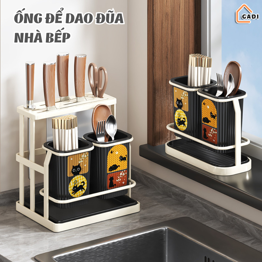 Kệ Cài Dao Kéo Muỗng Đũa Nhà Bếp Đa Năng, Giá Để Dao Đũa Chất Liệu Thép Cacbon Có Khay Thoát Nước