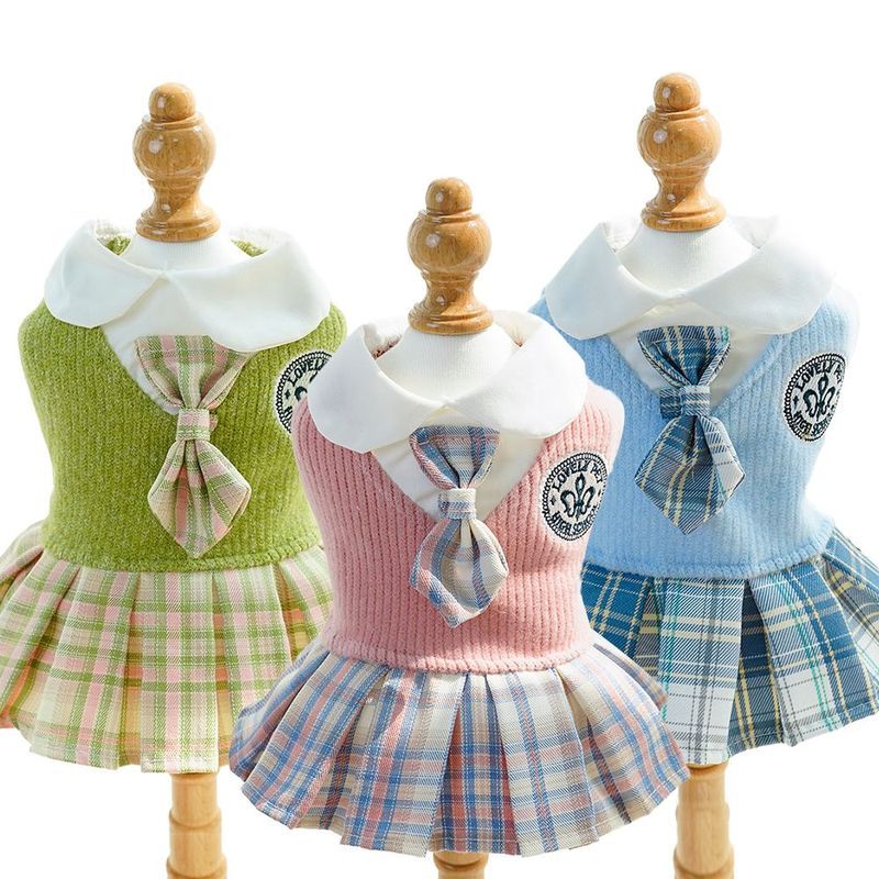 Thú Cưng Thu Đông Len jk Kẻ Sọc Đầm Nhỏ Vừa Chó Teddy Bichon Corgi Chó Mèo Quần Áo Tiếp Liệu