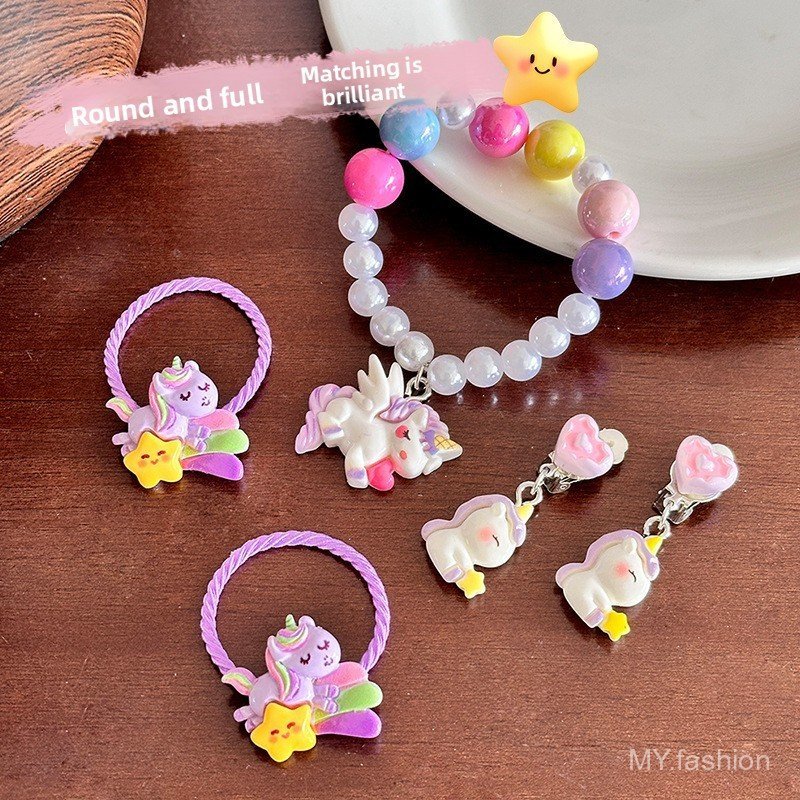 Bộ Vòng Tay Trẻ Em, Vòng Tay Đuôi Cá Kỳ Lân Đính Hạt Trang Sức Dễ Thương Kẹp Tai Hộp Quà Trang Sức
