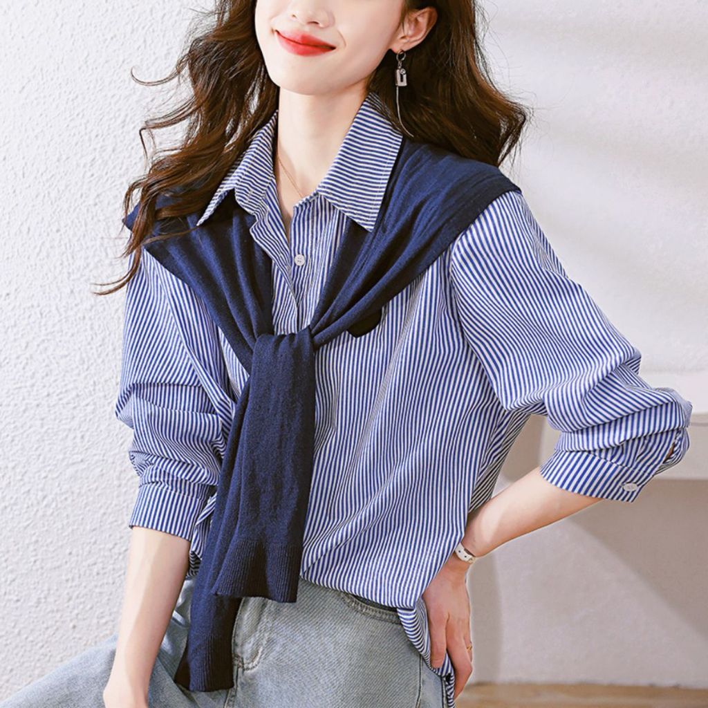 Áo Sơ Mi Bigsize Cô Nhỏ Dài Tay Kẻ Sọc Vải Lụa Mềm Mát Kèm Khăn Thủy Thủ Chất Vải Tăm SM49+A195