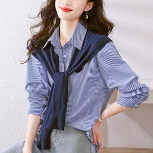 Áo Sơ Mi Bigsize Cô Nhỏ Dài Tay Kẻ Sọc Vải Lụa Mềm Mát Kèm Khăn Thủy Thủ Chất Vải Tăm SM49+A195