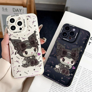 Ốp điện thoại hoạt hình Kuromi cho iPhone 17 / 17Air / 16E / 15 Plus / 14 / 13 / 12 / 11 / Pro Max. Chống sốc rơi. Hộp đựng túi khí kiểu áo khoác silicon lỏng che phủ toàn diện