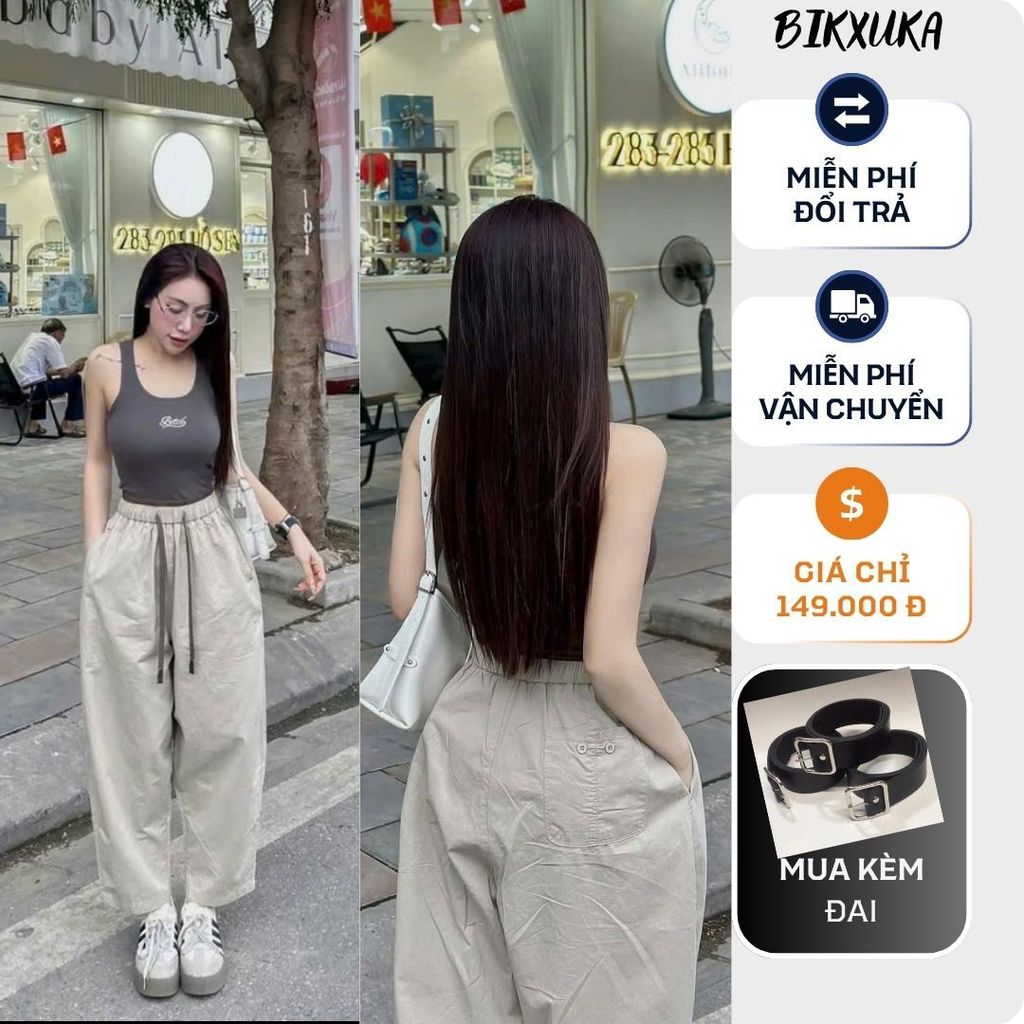 Quần baggy nữ cạp cao vải kaki loại 1 co giãn nhẹ, quần baggy ống rộng form thụng 2 túi sườn Q10