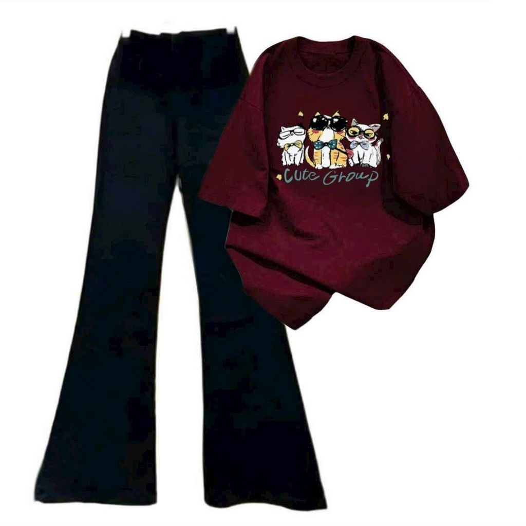 Bộ quần ống loe nữ và áo phông cotton tay ngắn đẹp, thời trang-phog3158