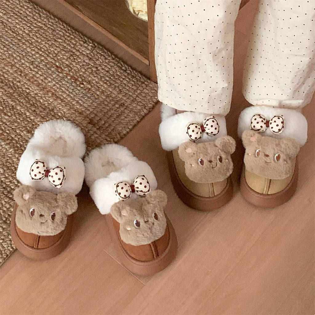 Xixitiao Cotton Dép Lông Cừu Lót Mùa Đông Gấu Dễ Thương Ấm Áp Đế Dày Trong Nhà Ngoài Trời