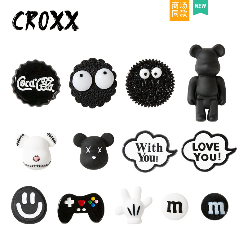 Phụ kiện hoa trang trí khóa lỗ giày cho crocs, có thể tháo rời, phong cách mờ đen, tương thích nhiều mẫu