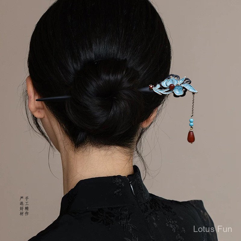 Kẹp Tóc Tua Rua Cloisonné Phong Cách Cổ Điển Trung Quốc - Màu Nâu Và Xám Nhạt, Thích Hợp Với Hanfu