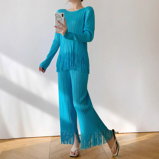 Miyake Xếp Ly Nữ Mùa Thu - Màu Trơn Viền Top Quần, Phù Hợp Thời Trang Hai Mảnh