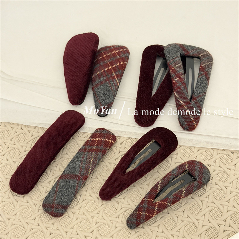 Vintage Bangs Clip Rượu Đỏ Kẻ Sọc Vải Kẹp Tóc