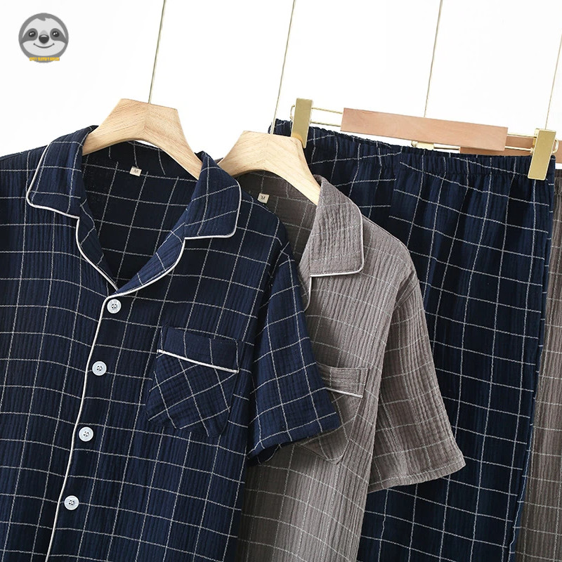 Đồ ngủ nam phong cách Nhật Bản MUJI, quần short caro và áo cánh cung made từ cotton mềm mại, thoải mái để đi chơi hoặc nghỉ ngơi