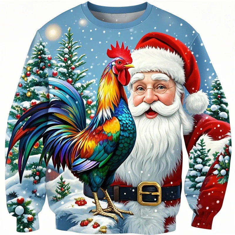 Áo thun dài tay giáng sinh với hình ảnh gà ngộ nghĩnh và ông già Noel, phù hợp cho thể thao và giải trí
