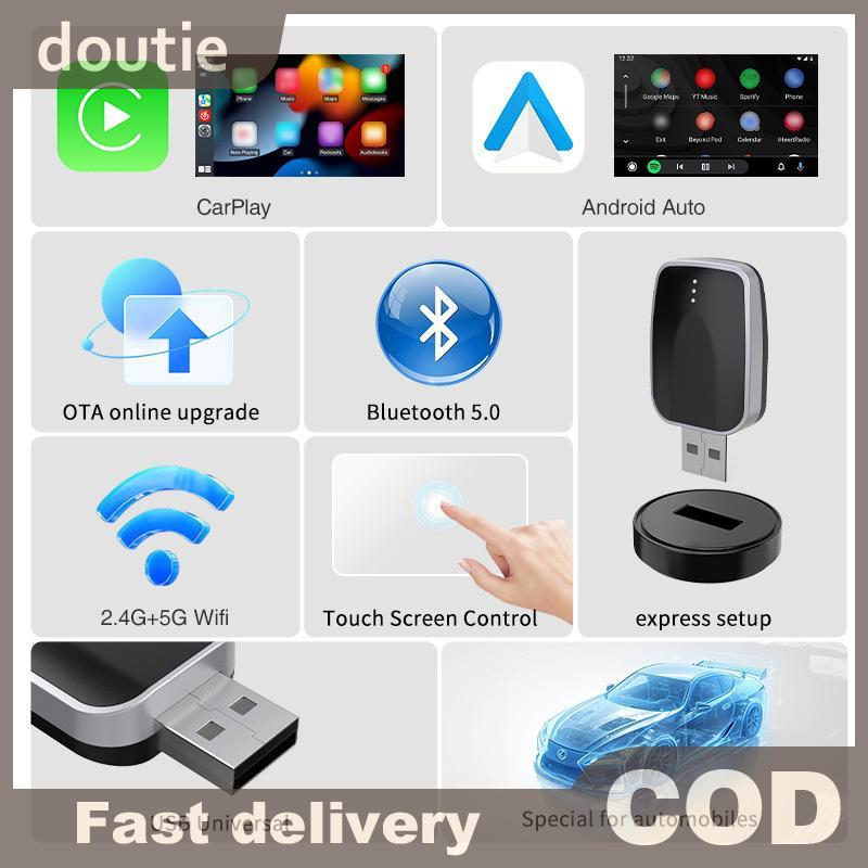 Doutie 2in1 Wireless CarPlay Android Auto Adapter AI Box Plug & Play Kết nối tự động Tương thích với 99% ô tô cho đài phát thanh ô tô VN
