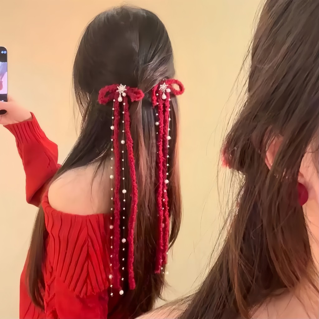 Kẹp tóc ngọc trai đỏ nơ dài - phụ kiện tóc sang trọng cho Giáng sinh