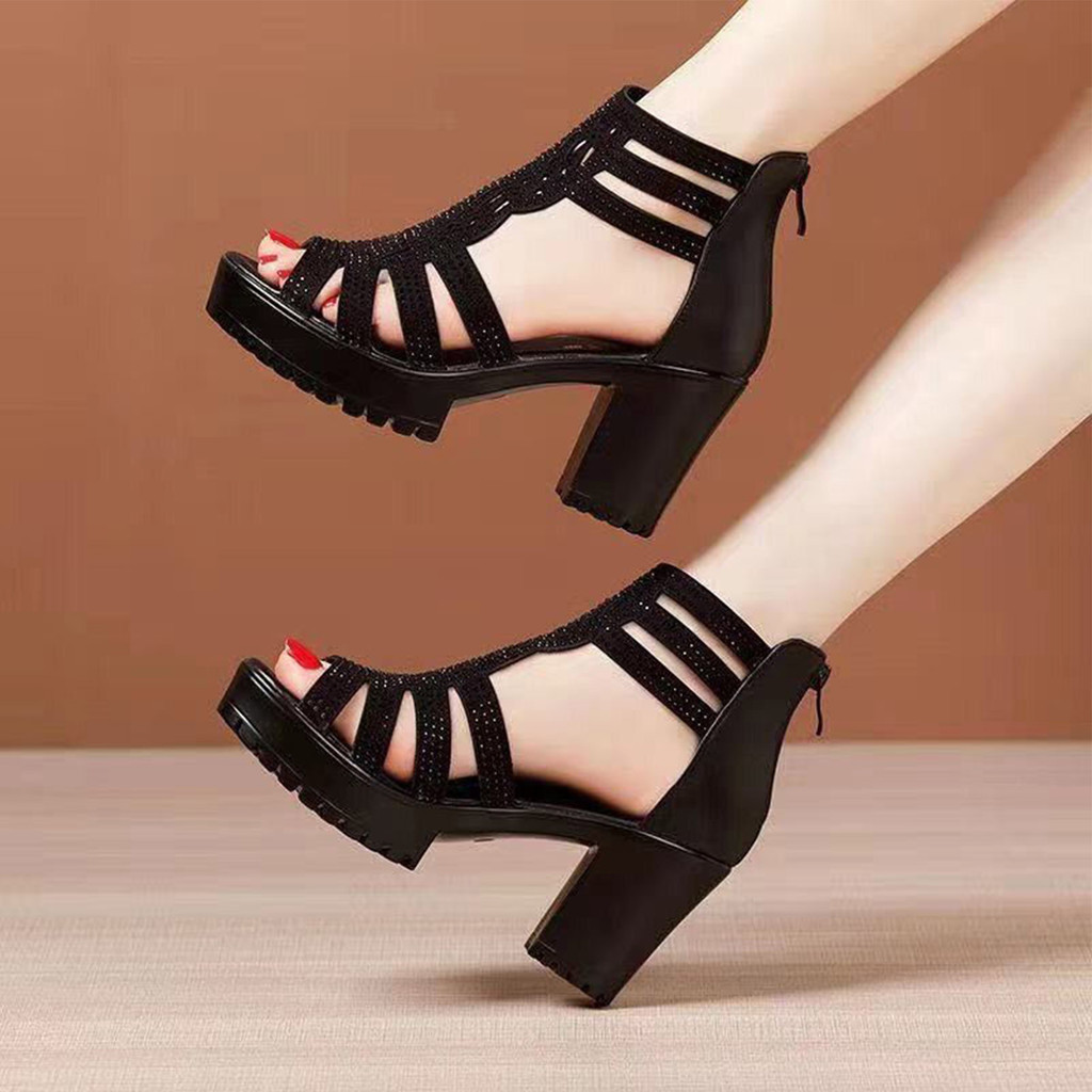 Giày Gót Chunky Nữ Có Lưng Mắt Cá Chân Zip Peep-toe Cho Tiệc Sinh Nhật Người Lớn Lễ