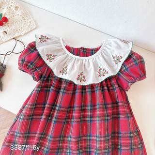 [8-26kg] Váy cộc tay Cổ Bèo Thêu Cây Thông Noel Cho Bé Gái Chất Thô Lụa
