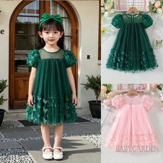 3-10 tuổi Kid Girl Tulle Dress 3D Bướm Tay Ngắn Cổ Vuông Lưới Chữ A Đầm Cho Mùa Xuân Hè