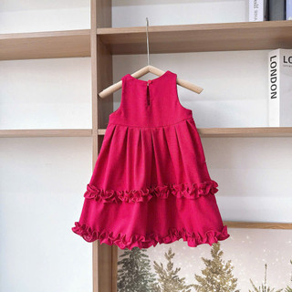 [8-26kg] Váy Linen Đỏ Sát Nách Thêu Nơ Tết Noel Cho Bé Gái