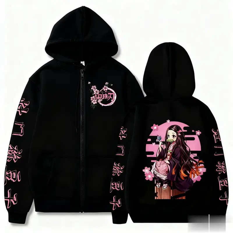 Áo hoodie zip nữ họa tiết Demon Slayer, phù hợp dạo phố mùa thu đông