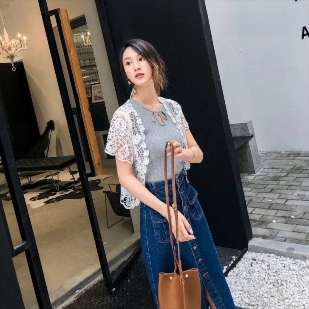 Áo khoác mùa hè HOBBYIN - Ren đen/trắng crop top và áo len cardigan ngắn tay, phù hợp cho nữ thanh lịch