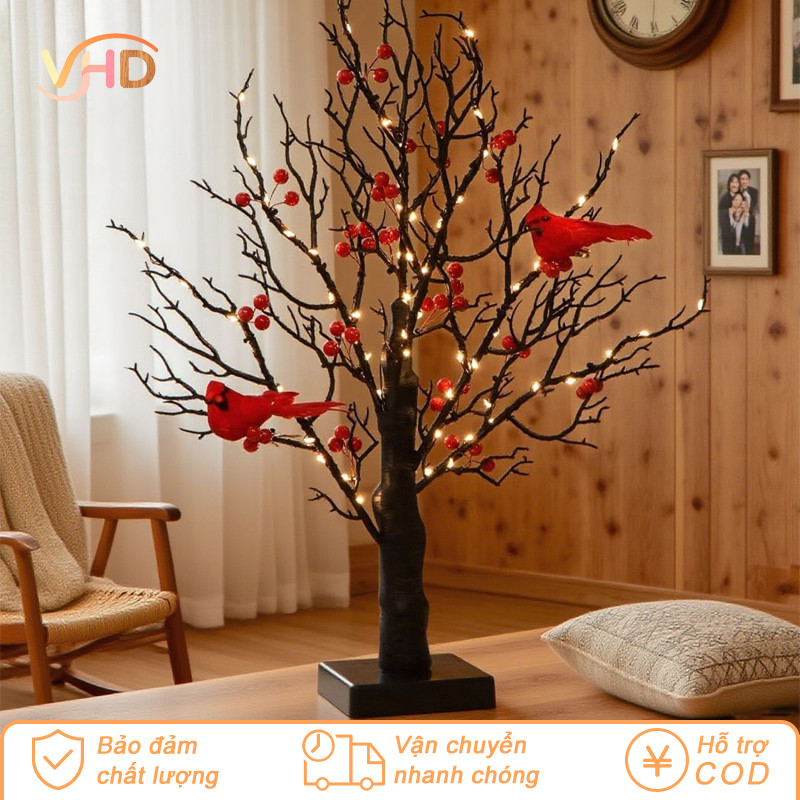 Đèn Trang Trí Để Bàn Hình Cây LED Có Chim Đỏ - Phát Sáng Dịu Nhẹ, Trang Trí Tết & Giáng Sinh Ấm Áp