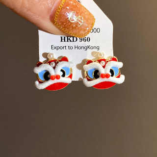 Bộ trang sức tai nghe thời trang màu vàng với hình dáng sư tử khiêu vũ, điểm xuyết bằng kim cương giả và đồng xu may mắn