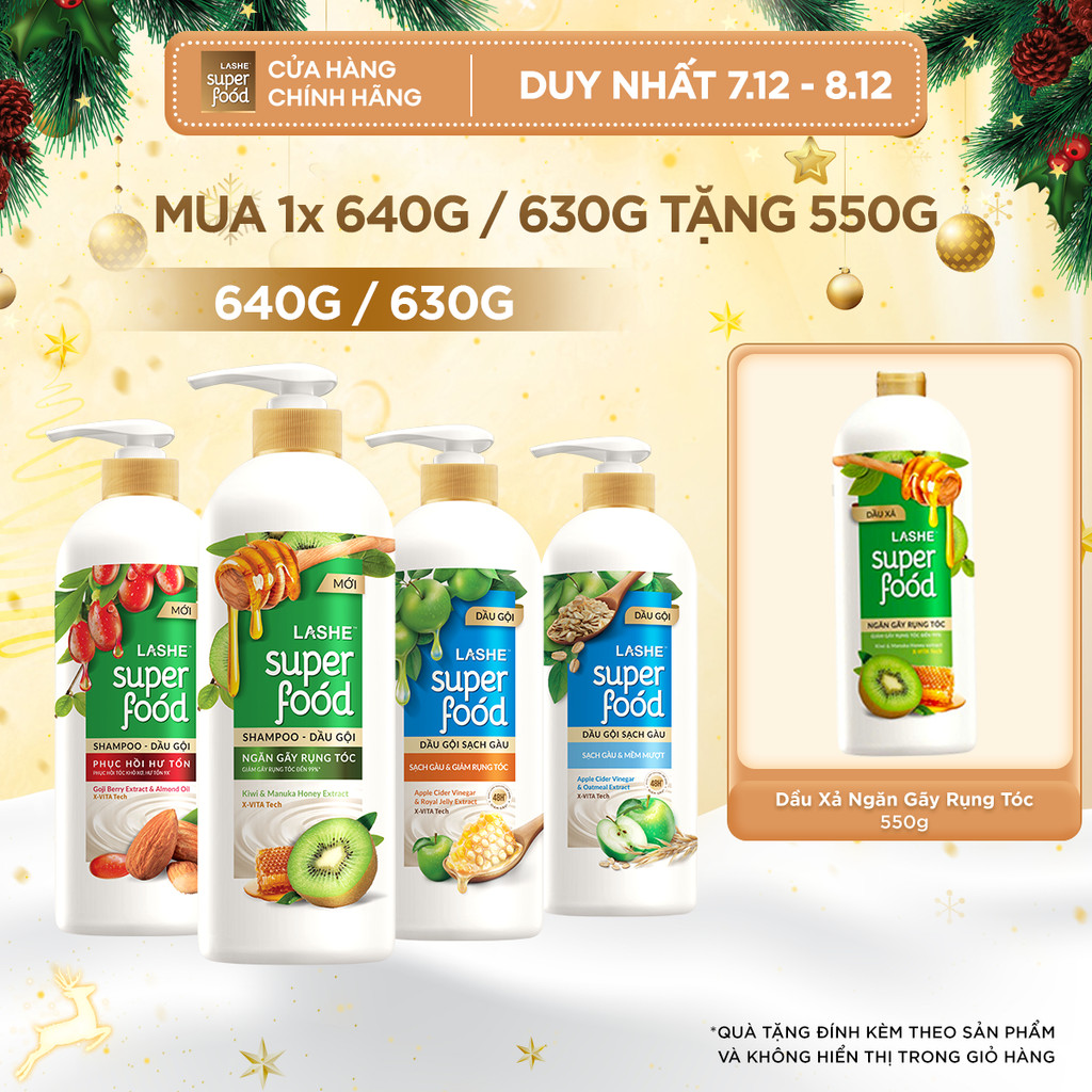 Dầu Gội LASHE SUPERFOOD Ngăn Rụng Tóc/Phục Hồi Hư Tổn/Sạch Gàu Giảm Rụng/Sạch Gàu Mềm Mượt 630G/640G + Tặng Dầu Xả 550G