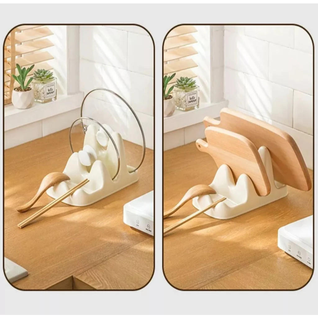 Khay để nắp xoong nồi 3 ngăn thiết kế thông minh, chống trượt và gác thìa đũa gọn gàng.