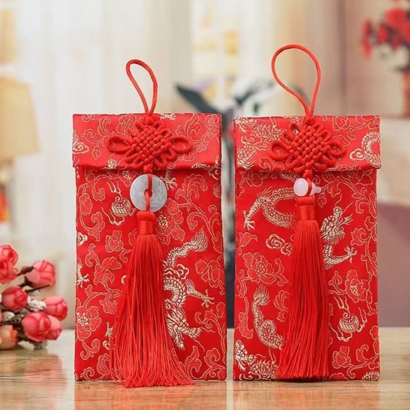 Đám cưới & Tết Nguyên Đán Phong Bì Đỏ Thêu Thổ Cẩm Phước Lành Túi Tiền Phong Cách Trung Hoa