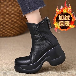 Giày Bốt Ngắn Nữ Mũi Tròn Dày Gót Lưng Dây Kéo Thời Trang Ôm Hơn Nhìn