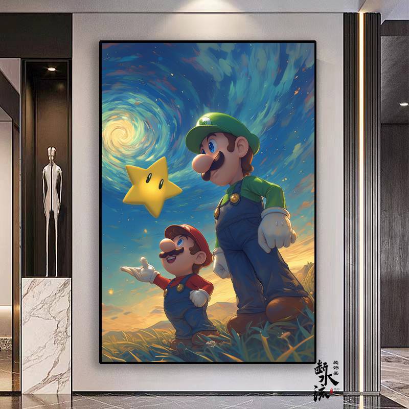 Super Mario Van Gogh Tranh nghệ thuật ban đêm đầy sao Canvas Trang trí tường cho lối vào, phòng khách, phòng ngủ và phòng chơi game