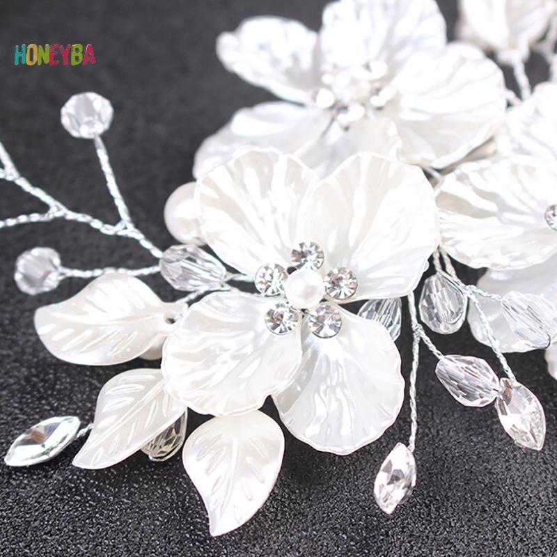 < Honeyba > Cô Dâu Pha Lê Ngọc Trai Hoa Trang Sức Tóc Cưới Phụ Kiện Tóc Sang Trọng