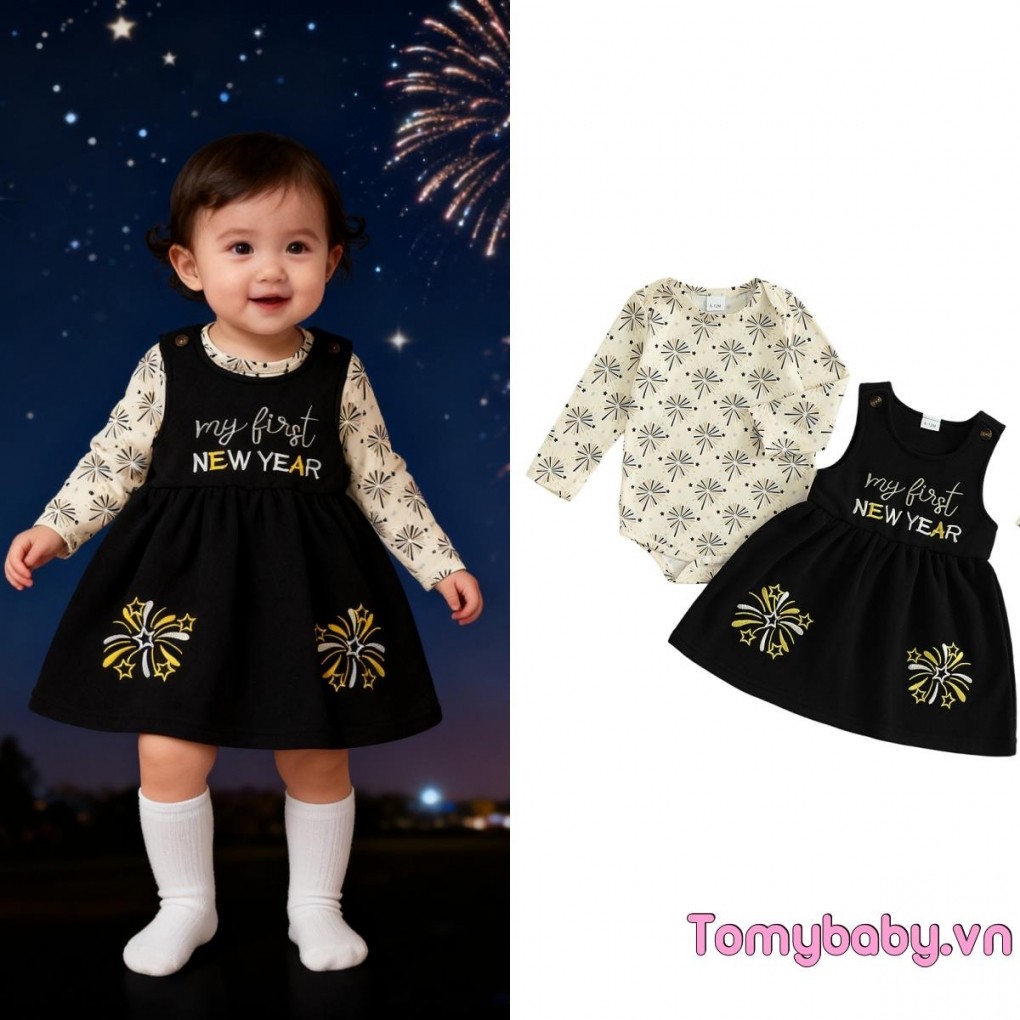 Bộ trang phục 2 món cho bé gái Năm mới Bộ áo liền quần cổ chữ O dài tay + Bộ váy không tay thêu chữ