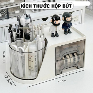 Hộp Đựng Bút Xoay 360 Độ, Hộp Bút Bàn Học Kèm Ngăn Kéo 2 Tầng Tiện Dụng Decor Phòng, Bàn Học