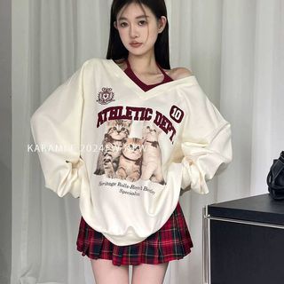 Plus Size Áo Nữ Giả Hai Mảnh Cổ Dây Dài Tay Top 2025 Mèo Vui Nhộn Béo Sister Plus Kích Thước 150kg Màu Sắc Tương Phản Giả Hai Mảnh Áo Không Dây Rời Thường Ngày Nữ Plus Size Quần Áo Nữ