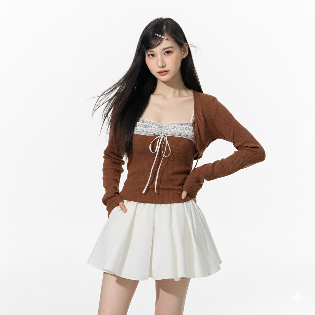 Áo 2 Dây Nữ BABEE Viền Ren Phối Nơ Kèm Khoác Cardigan Tay Dài Chất Thun Co Dãn Nhẹ Nhàng Nữ Tính