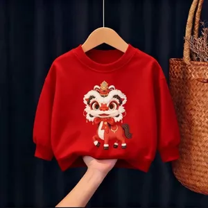 Trẻ Em 2026 Đỏ Cung Hoàng Đạo Ngựa Áo Mềm Cổ Tròn Năm Mới Cho Bé Trai Và Bé Gái Lễ Kỷ Niệm Mặc