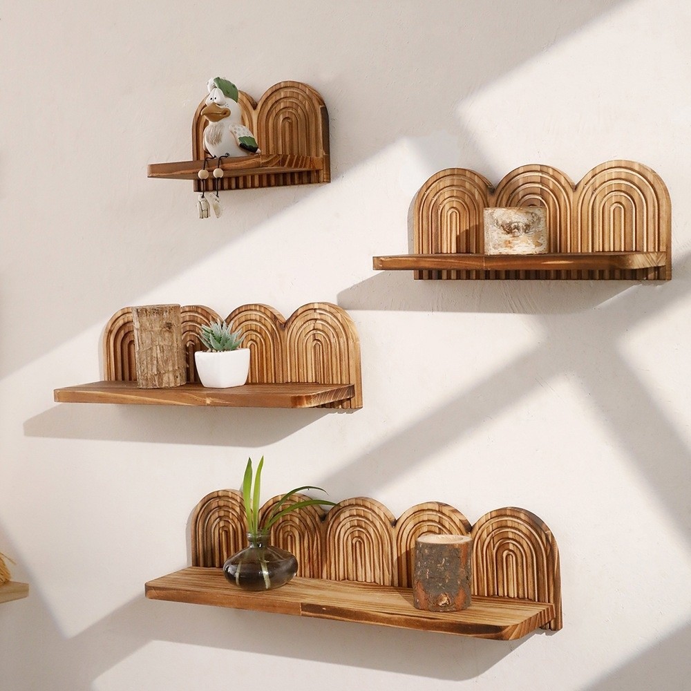 Kệ gỗ SHUPUN Boho, Kệ treo tường vòm nhiều lớp có ren thiết kế cầu vồng, Giá lưu trữ trang trí treo tường nổi hình học Màn hình thực vật