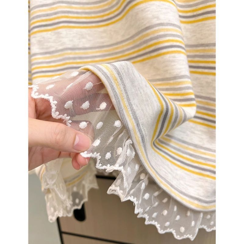 Milyfashion Áo sơ mi sọc ren thêu cổ tròn, vải mỏng, phong cách mới