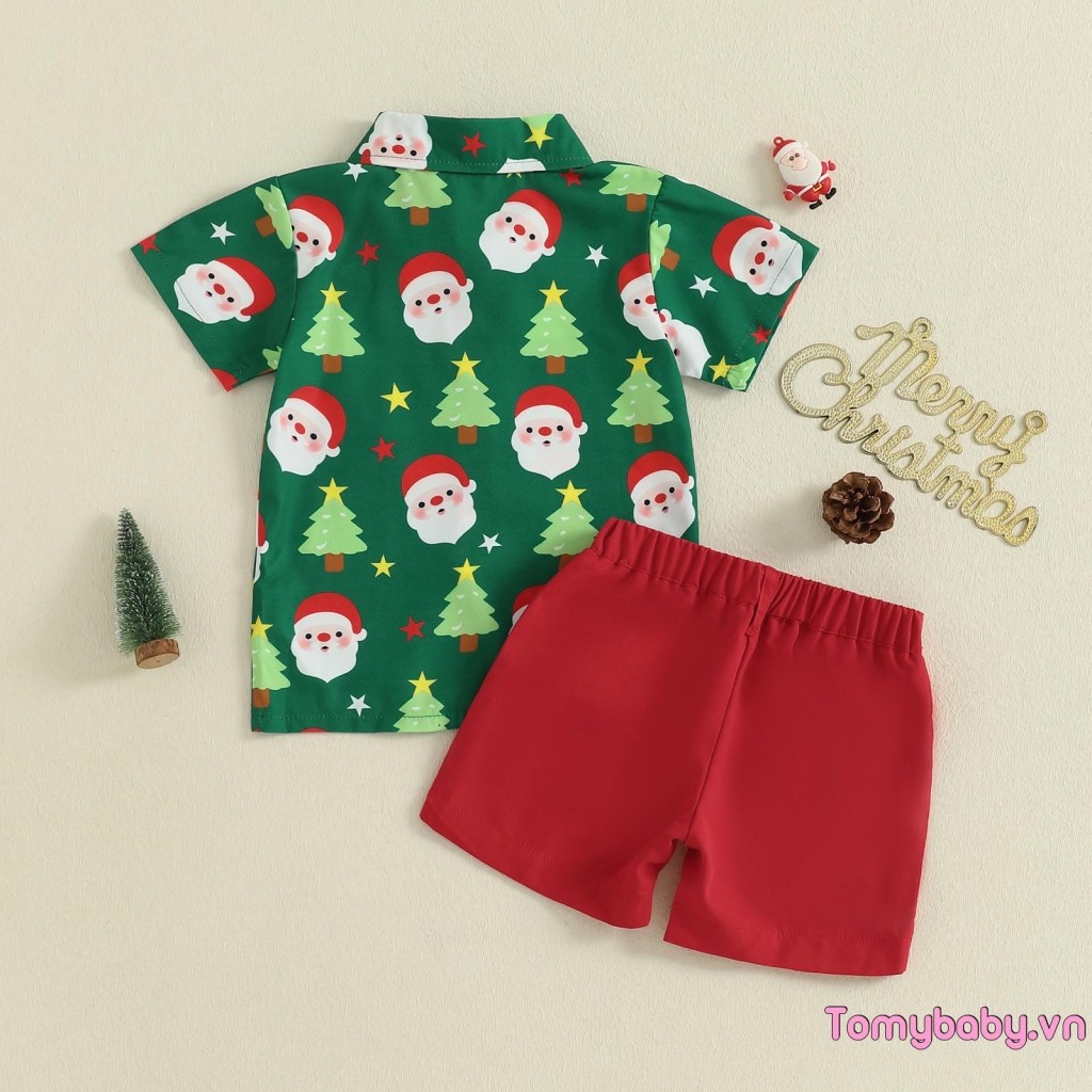 Bộ trang phục Giáng sinh cho bé trai mới biết đi Áo sơ mi nơ ngắn tay in hình ông già Noel + Quần Short màu trơn Bộ 2 món quý ông