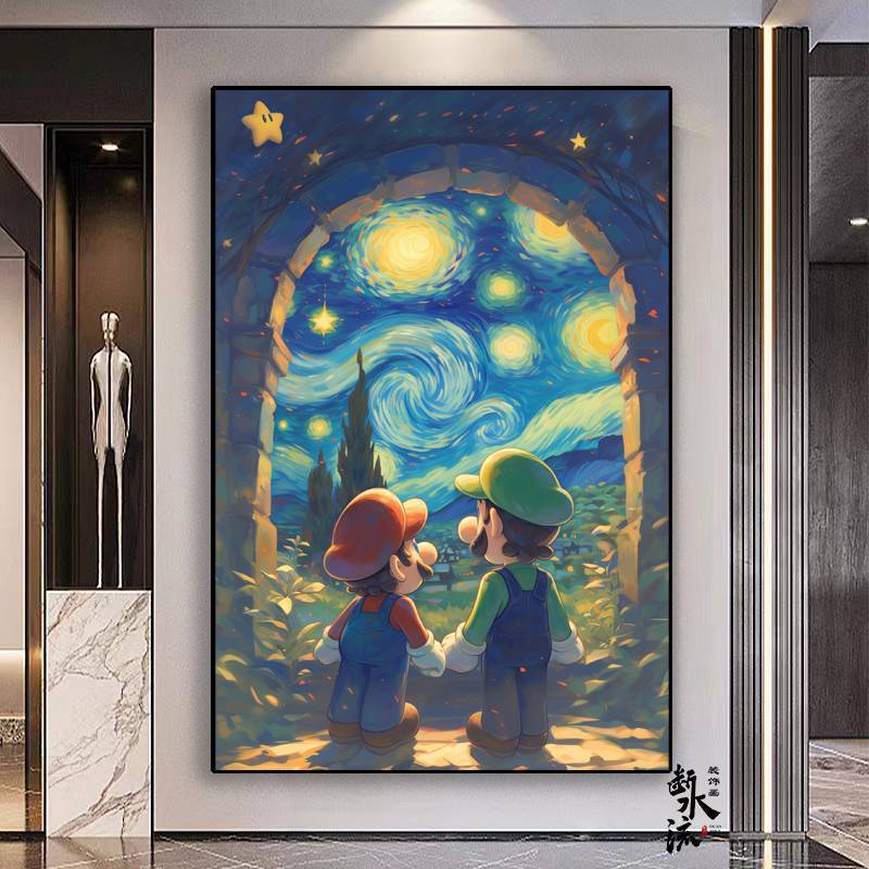 Super Mario Van Gogh Tranh nghệ thuật ban đêm đầy sao Canvas Trang trí tường cho lối vào, phòng khách, phòng ngủ và phòng chơi game