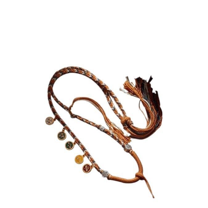 Vòng cổ mặt dây chuyền Tây Tạng với Dzi hạt và sợi cotton, kèm dây đeo bằng xương đòn