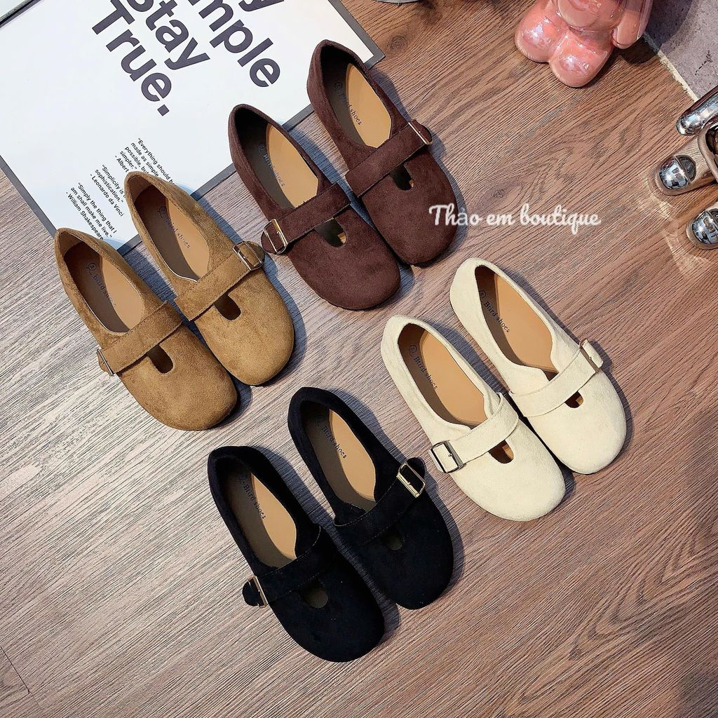 [Thảo Em - BB583] Giày bệt búp bê nữ đế thấp da lộn mềm mũi đính quai khoá sang chảnh [QCCC - Có Sẵn]